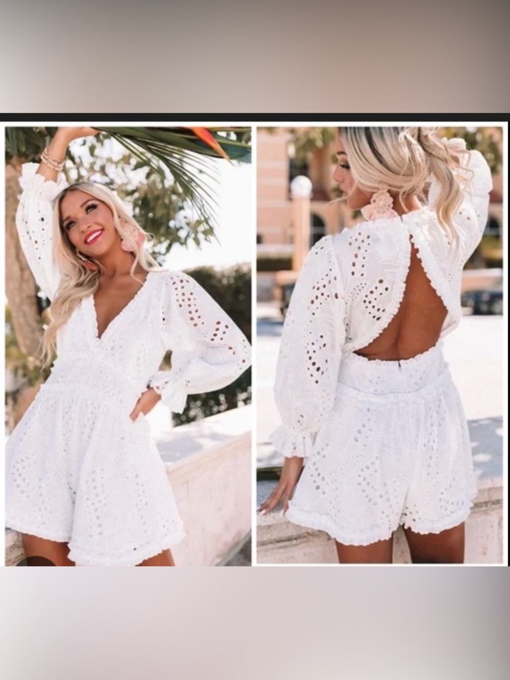 Luxxel White Eyelet Backless Romper with Ruffle Trim